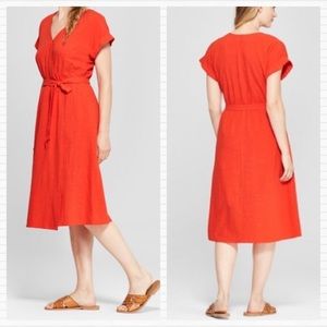 Red Orange Cotton Blend Universal Thread Faux Wrap Midi Dress
